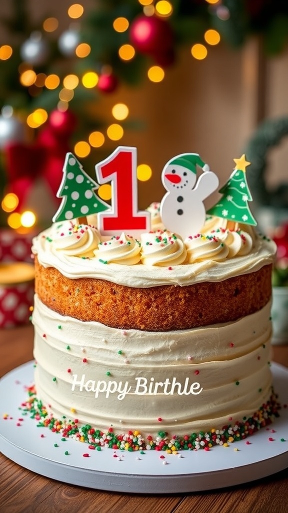 A festive Christmas cake for a first birthday, decorated with frosting and holiday-themed decorations.
